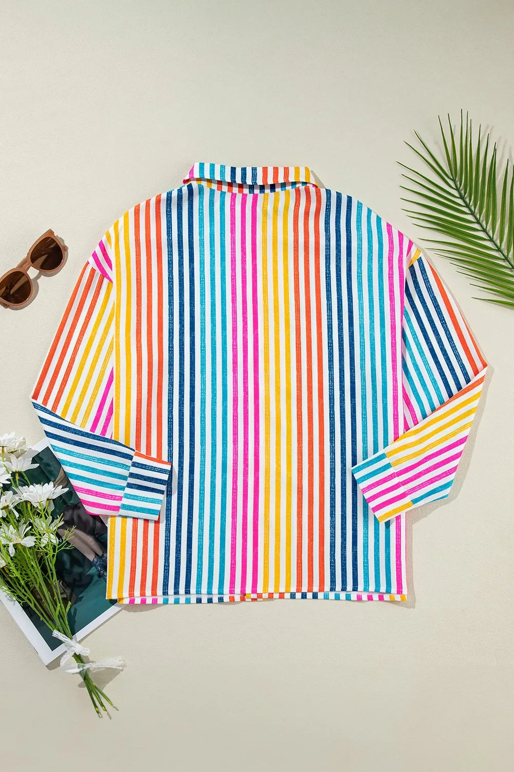 Striped Collared Neck Long Sleeve Shirt - -