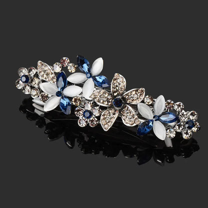 Retro Design Flower Spring Clip Handmade Shiny Rhinestone Hair Clips Blue