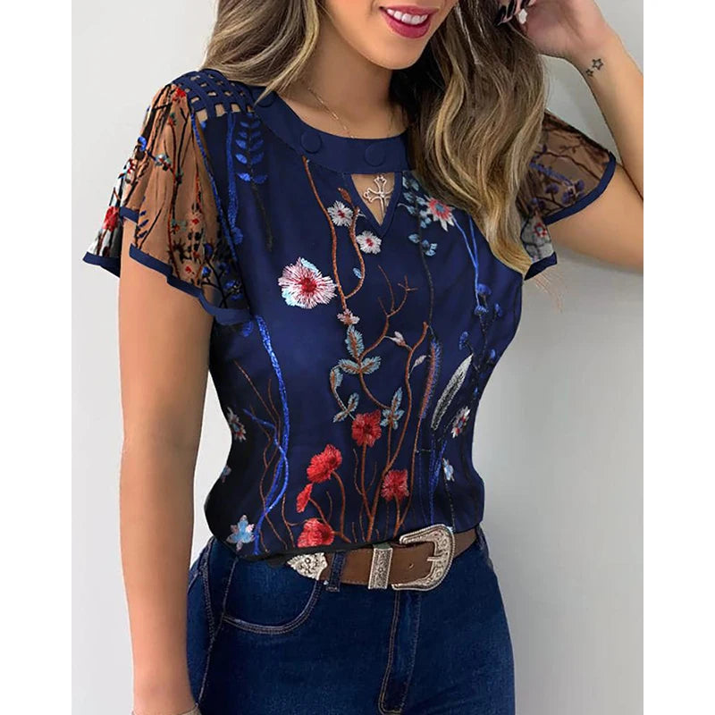 Women's Mesh Ruffled Sleeve Flower Embroidery Cutout Sheer Round Collar Shirt