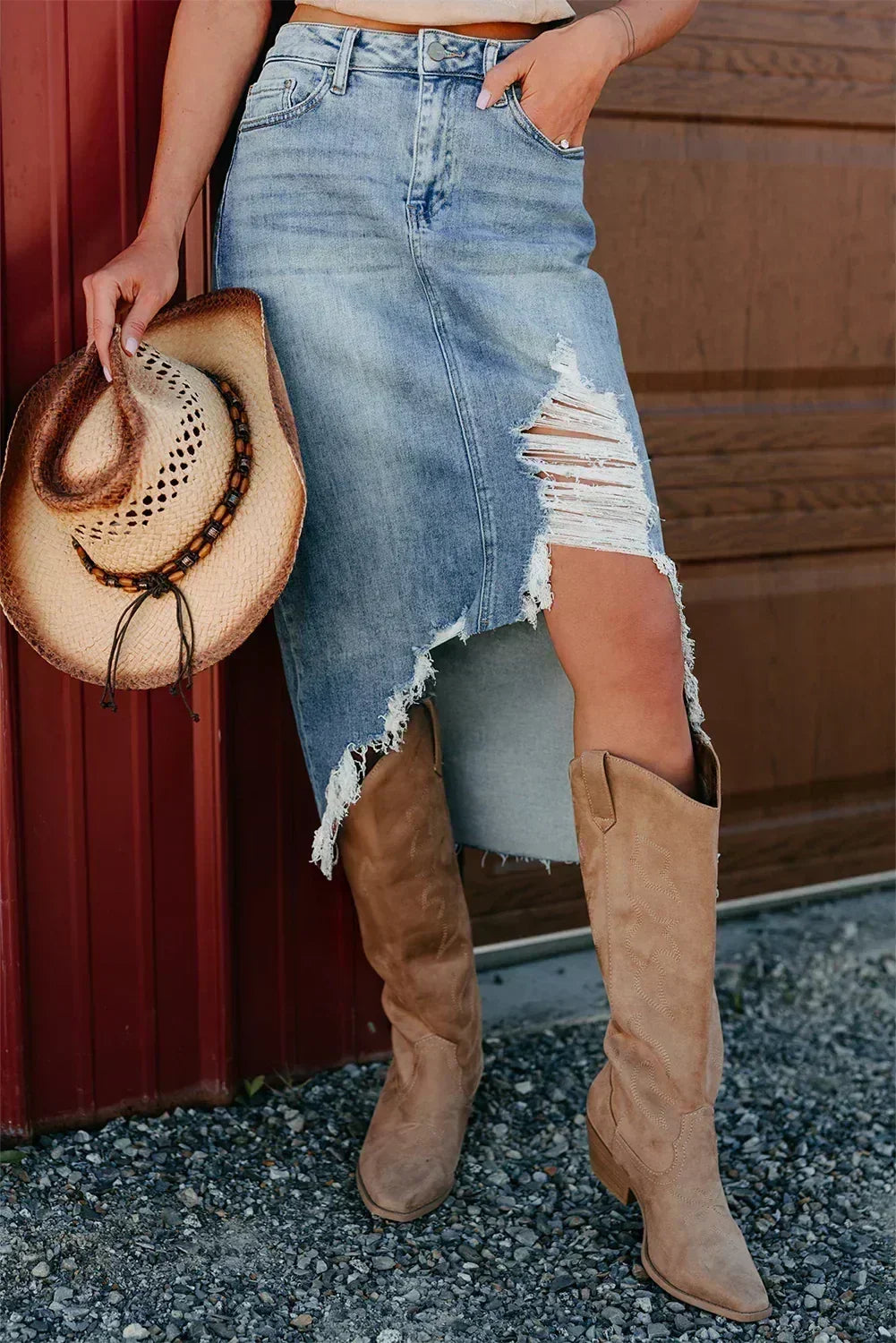 Myosotis Irregular Distressed Hem Denim Midi Skirt - Femstylo- Femstylo- {{Product type}}