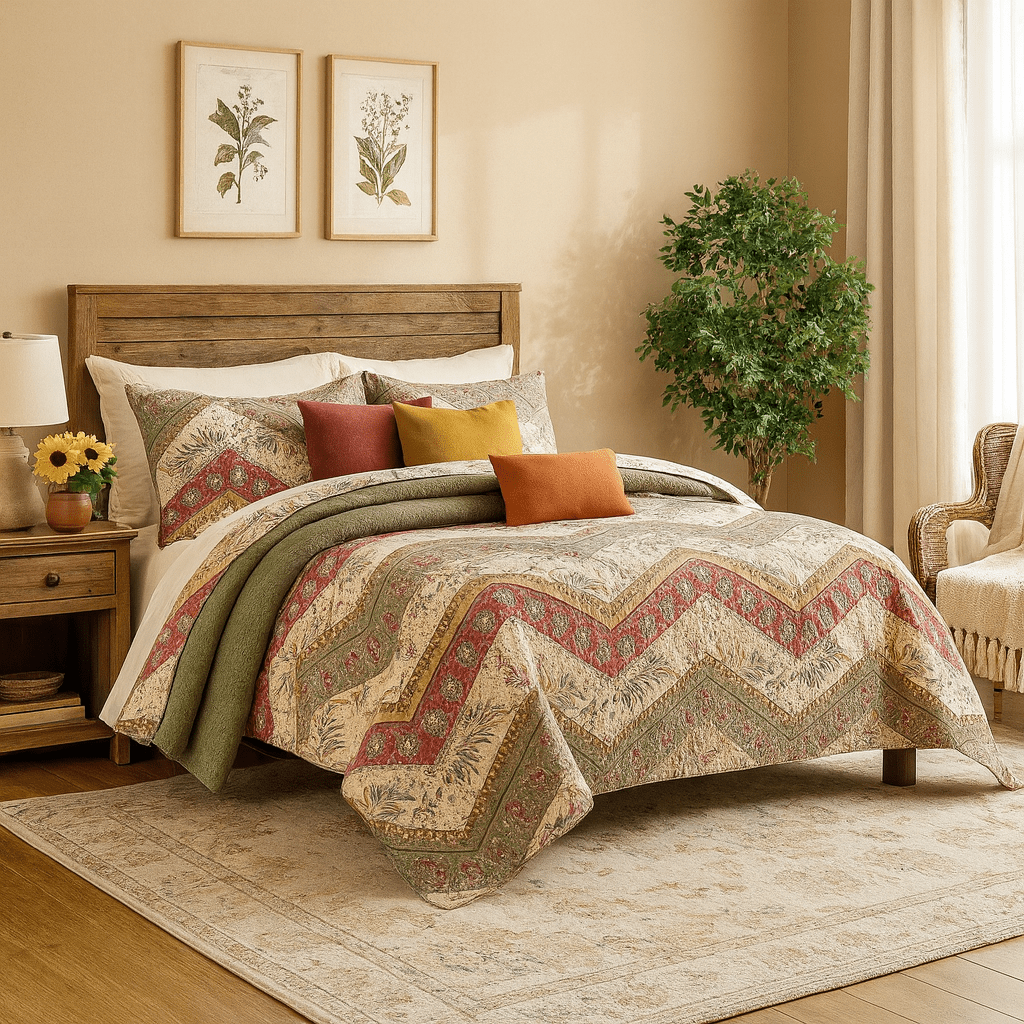 DaDa Bedding Cranberry Sage Floral Chevron Quilt Set - Lightweight Bedspread - - Bedspreads