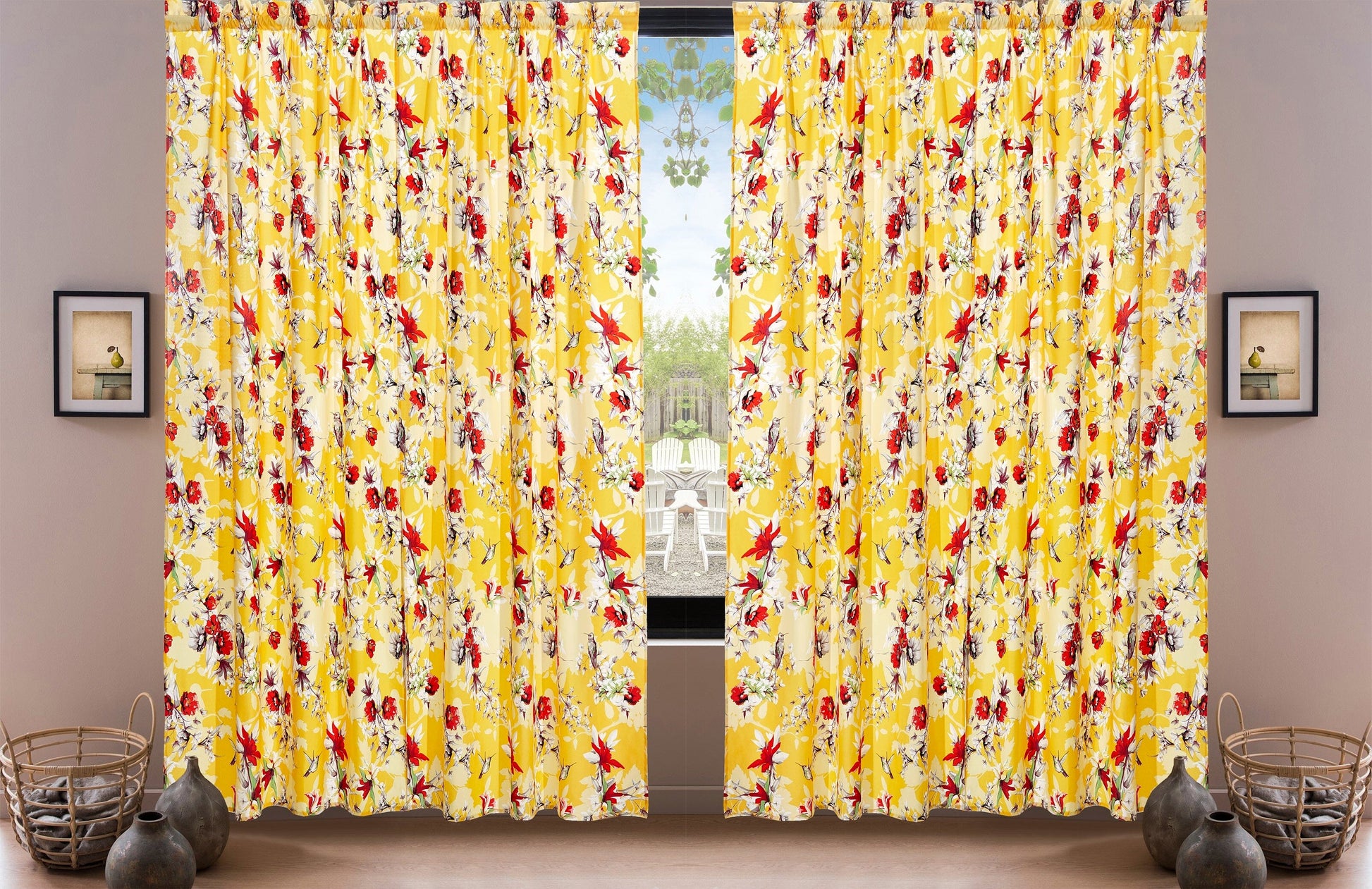 DaDa Bedding Set of 2 Radiant Sunshine Yellow Floral Window Curtain Panels - Natural Semi Sheer Hummingbirds Farmhouse Red Flowers Straight Tailored Edge - - Curtains