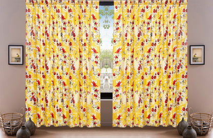 DaDa Bedding Set of 2 Radiant Sunshine Yellow Floral Window Curtain Panels - Natural Semi Sheer Hummingbirds Farmhouse Red Flowers Straight Tailored Edge - - Curtains