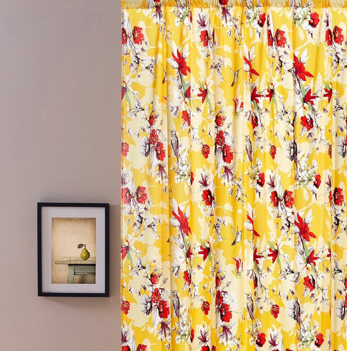 DaDa Bedding Set of 2 Radiant Sunshine Yellow Floral Window Curtain Panels - Natural Semi Sheer Hummingbirds Farmhouse Red Flowers Straight Tailored Edge - 54" x 84" - Curtains