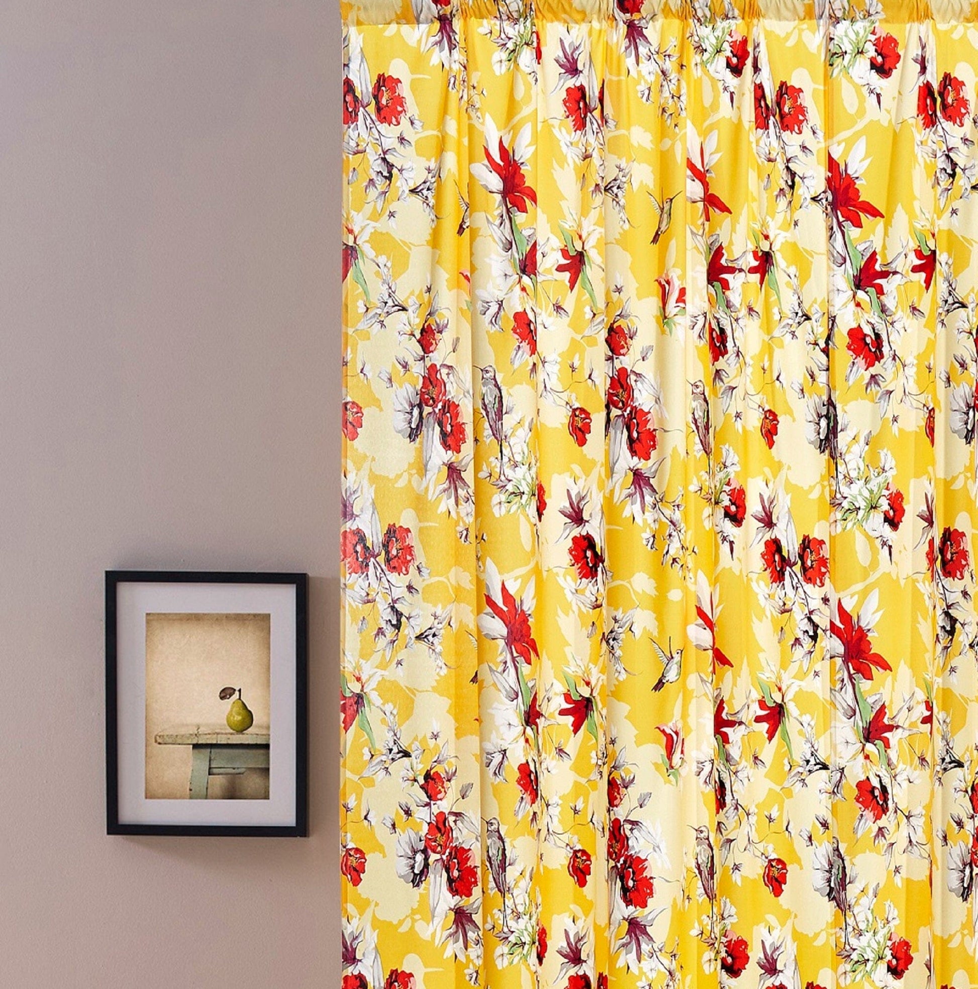 DaDa Bedding Set of 2 Radiant Sunshine Yellow Floral Window Curtain Panels - Natural Semi Sheer Hummingbirds Farmhouse Red Flowers Straight Tailored Edge - 54" x 84" - Curtains