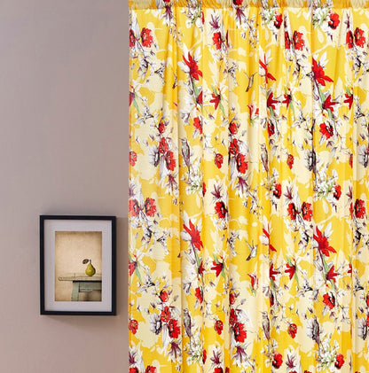 DaDa Bedding Set of 2 Radiant Sunshine Yellow Floral Window Curtain Panels - Natural Semi Sheer Hummingbirds Farmhouse Red Flowers Straight Tailored Edge - 54" x 84" - Curtains
