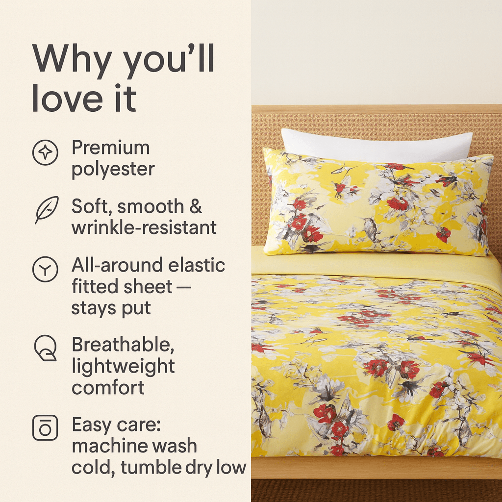 DaDa Bedding Sunshine Yellow Hummingbirds Floral Fitted & Flat Bed Sheets Set (JHW-925)- DaDalogy Bedding Collection- {{Product type}}
