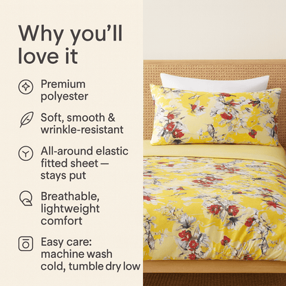 DaDa Bedding Sunshine Yellow Hummingbirds Floral Fitted & Flat Bed Sheets Set (JHW-925)- DaDalogy Bedding Collection- {{Product type}}