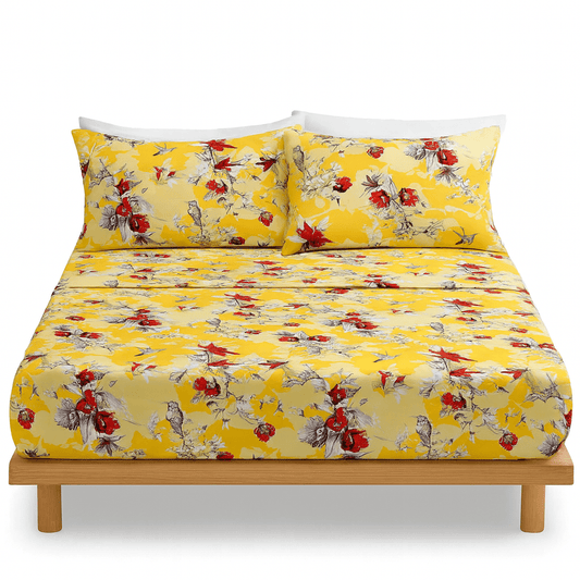 DaDa Bedding Sunshine Yellow Hummingbirds Floral Sheet Set - - Bed Sheets