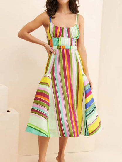 Colorful Striped Spaghetti Strap Midi Dress - Yellow -