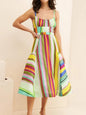 Colorful Striped Spaghetti Strap Midi Dress - Yellow -