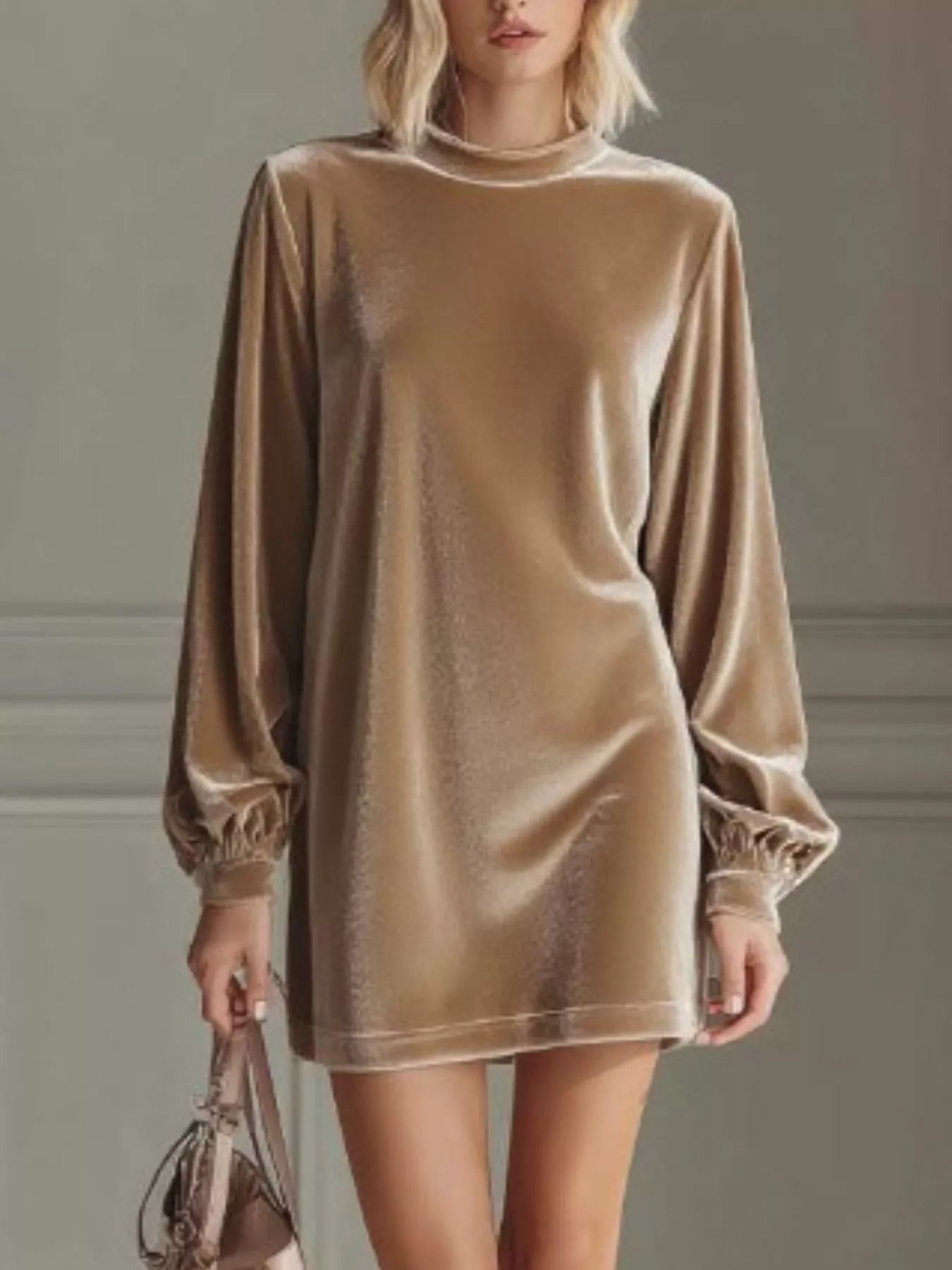 Velvet Long Sleeve Mini Dress - Khaki - Dresses