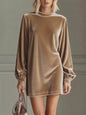 Velvet Long Sleeve Mini Dress - Khaki - Dresses