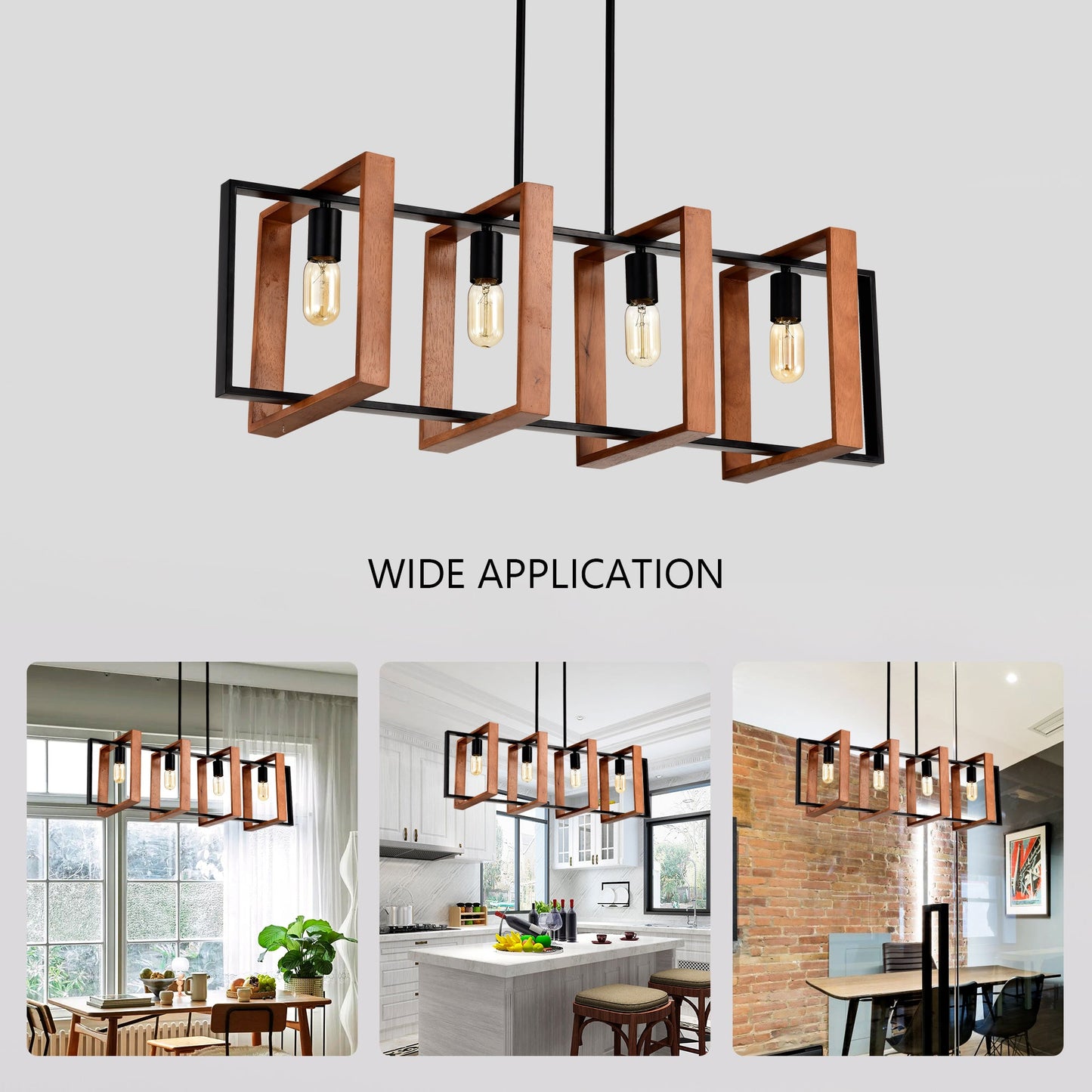 Rustic Wood And Black Metal 4-Light Kitchen Island Dining Room Light Fixture - - light