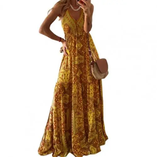 Women Boho Vintage Maxi Dress - Yellow Large - dress