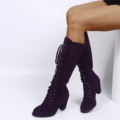 Lace Up Block Heels Boots - -