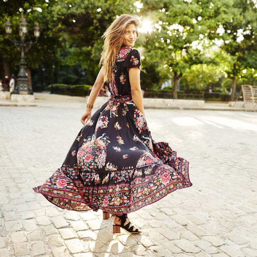 Peacock Print Vintage V-Neck Floral Dress - - dress