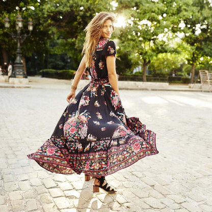 Peacock Print Vintage V-Neck Floral Dress - - dress