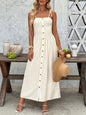 Smocked Button Front Tie Shoulder Dress - Cream -