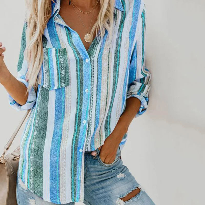 Vertical Stripe Print Button Long Sleeve Shirt Daily Single Breasted Work Blouse