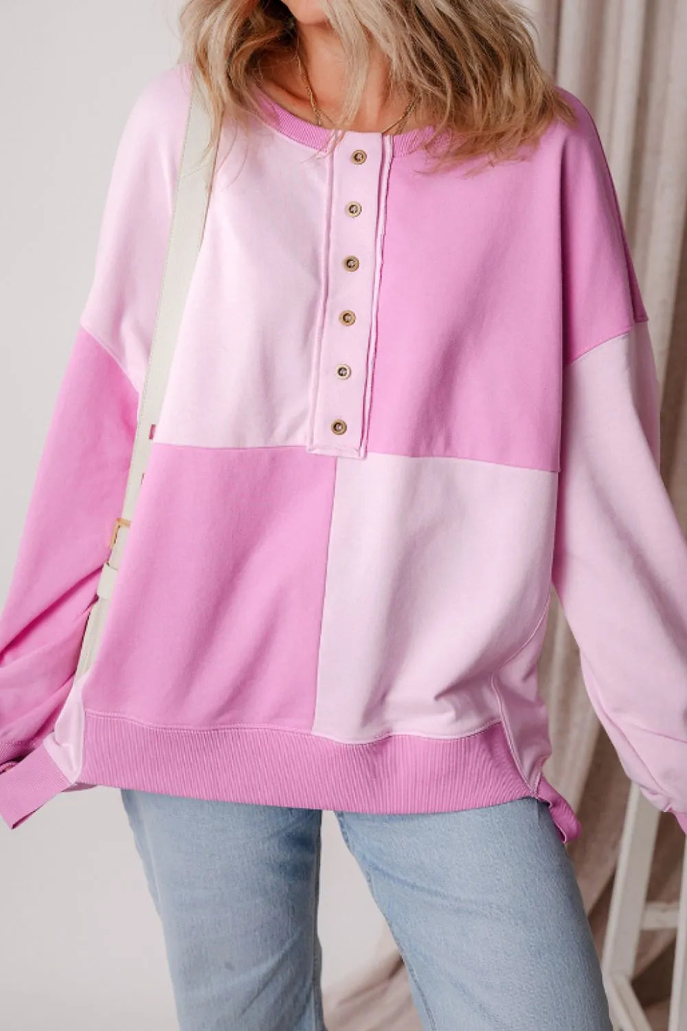 Color Block Half Button Long Sleeve Sweatshirt - -