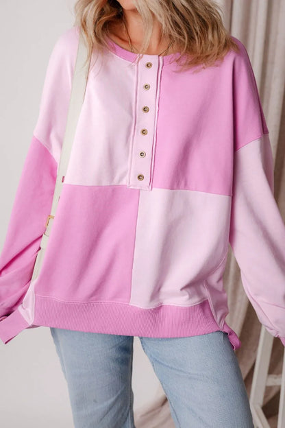 Color Block Half Button Long Sleeve Sweatshirt - -