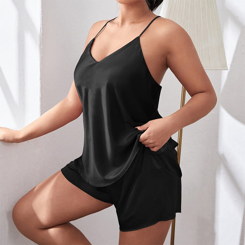 Plus Size Silky Halter Pajama Set - Black 4XL - pajamas