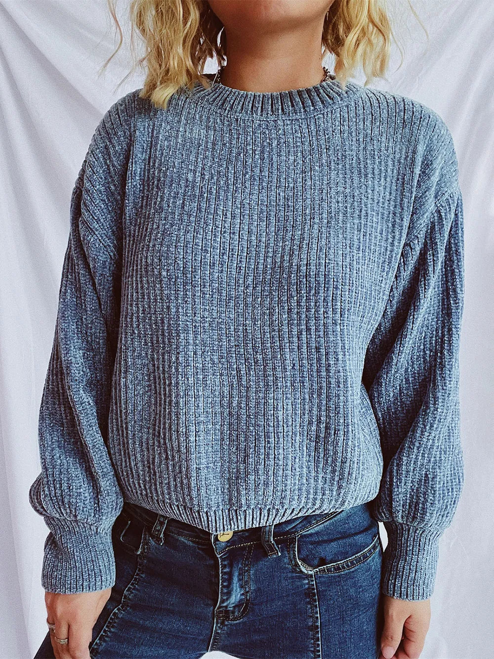 Round Neck Dropped Shoulder Long Sleeve Sweater - -
