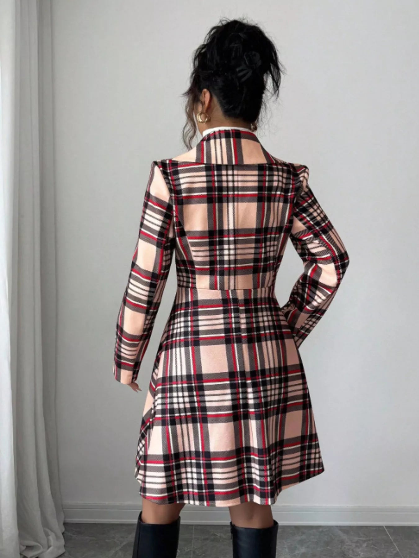 Plaid Button Up Long Sleeve Coat - -