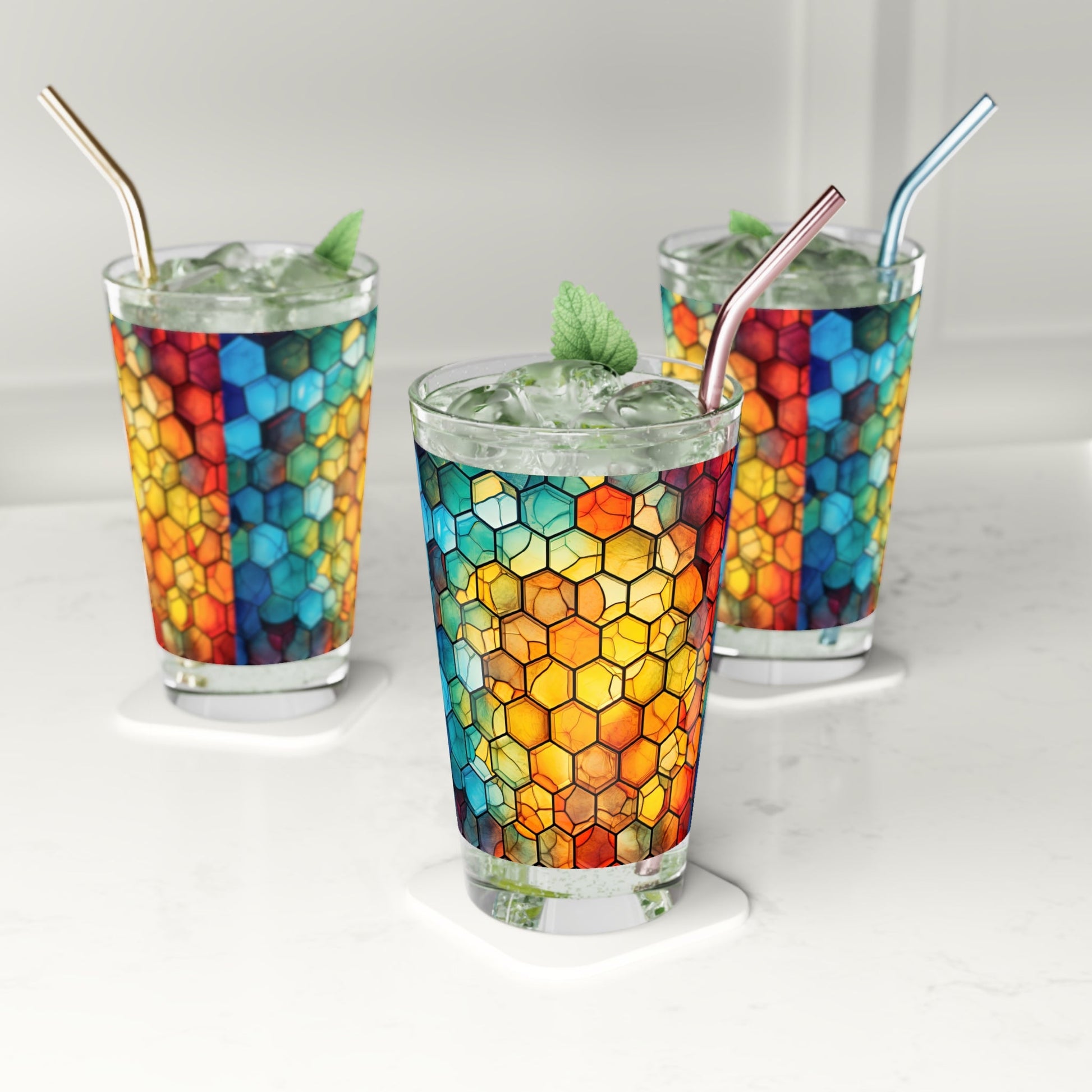 Honeycomb Suprise: A Blue and Yellow Honeycomb Stained Glass Artwork on a 16oz Pint Glass Gift idea gifts for home decor housewarming gift - - Mug
