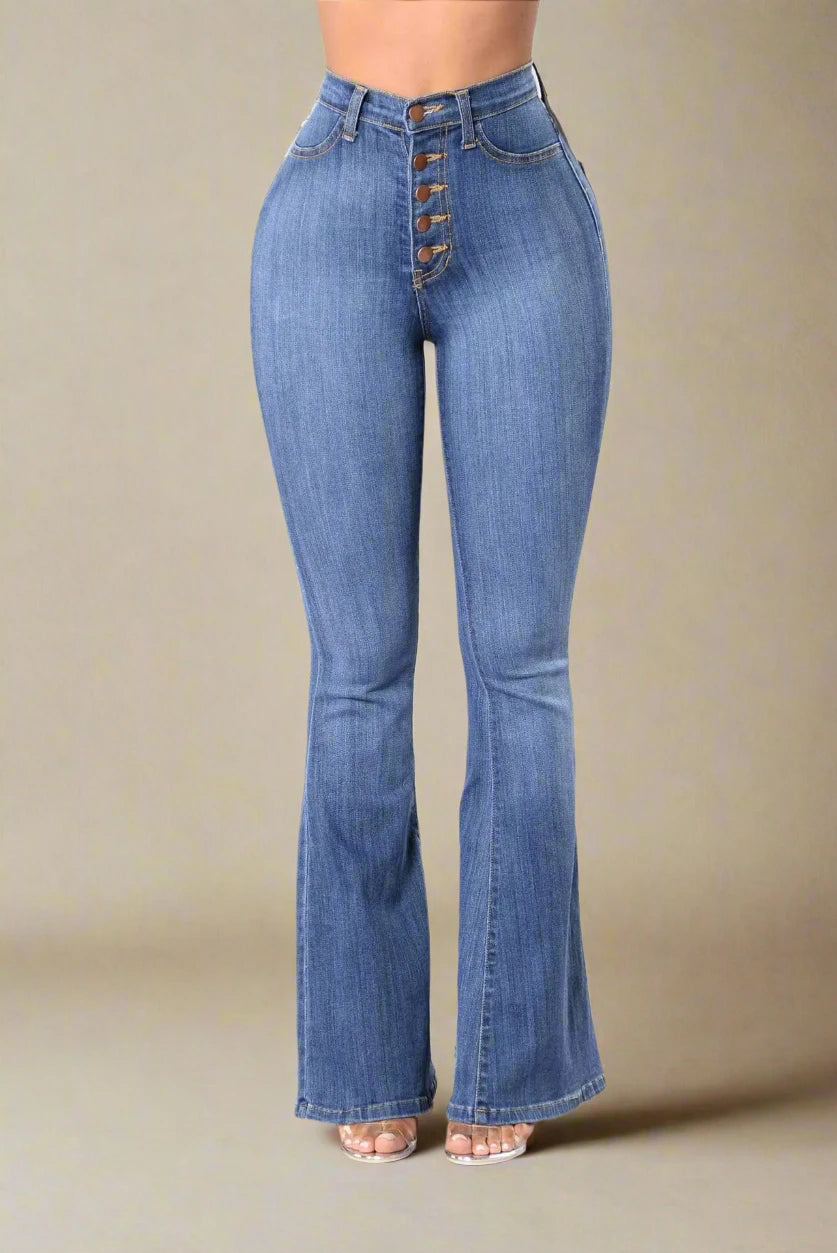 Flared Jeans Elastic Button Casual Boot Cut Pants High Waisted Blue Jeans