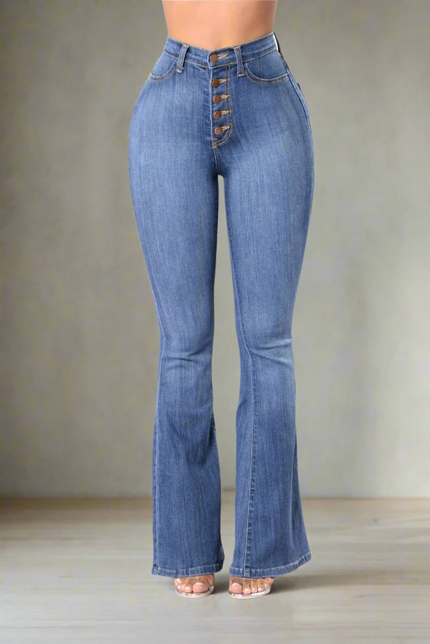 Flared Jeans Elastic Button Casual Boot Cut Pants High Waisted Blue Jeans