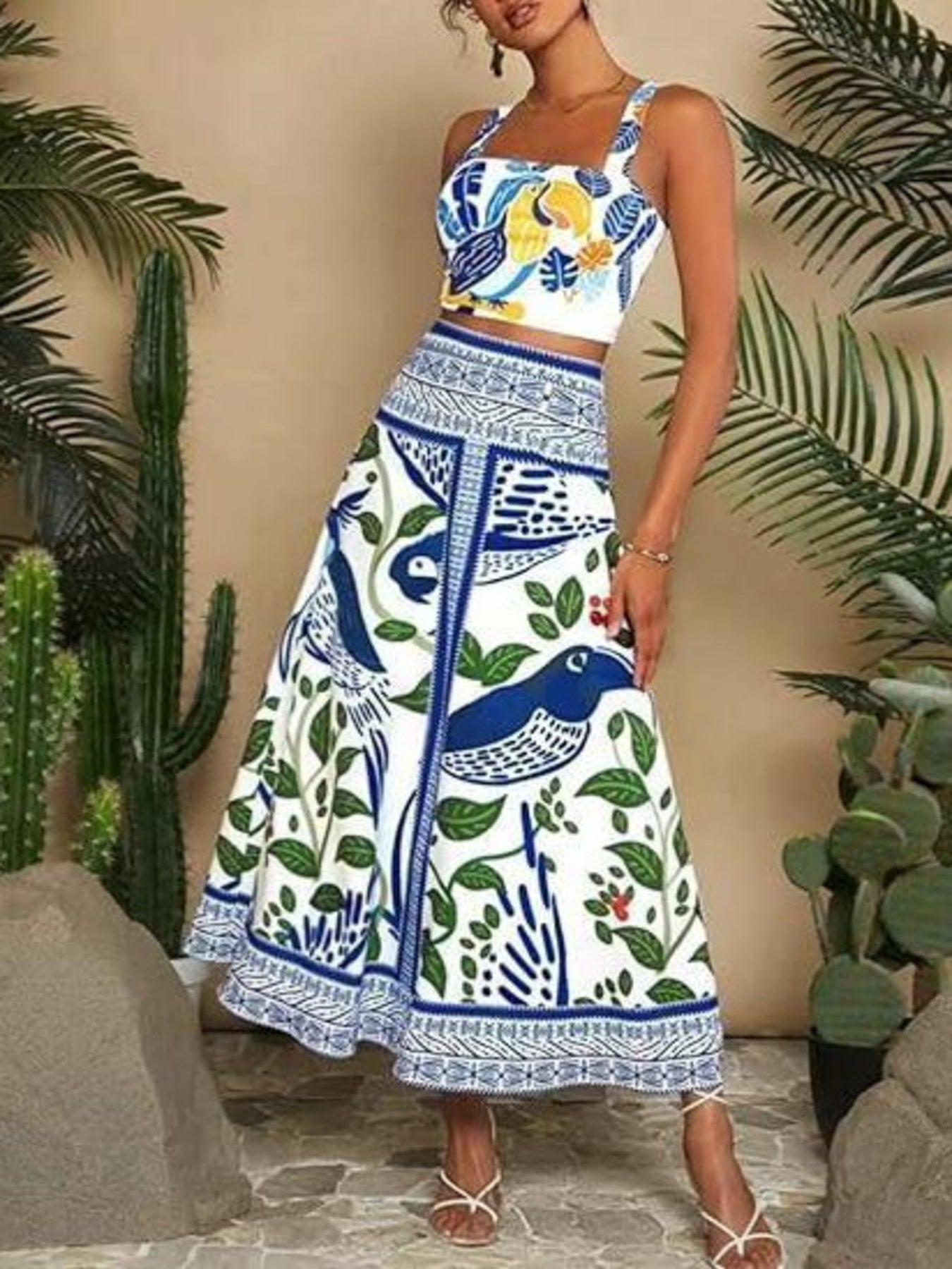 Floral Print Crop Top and Skirt Set - Blue -