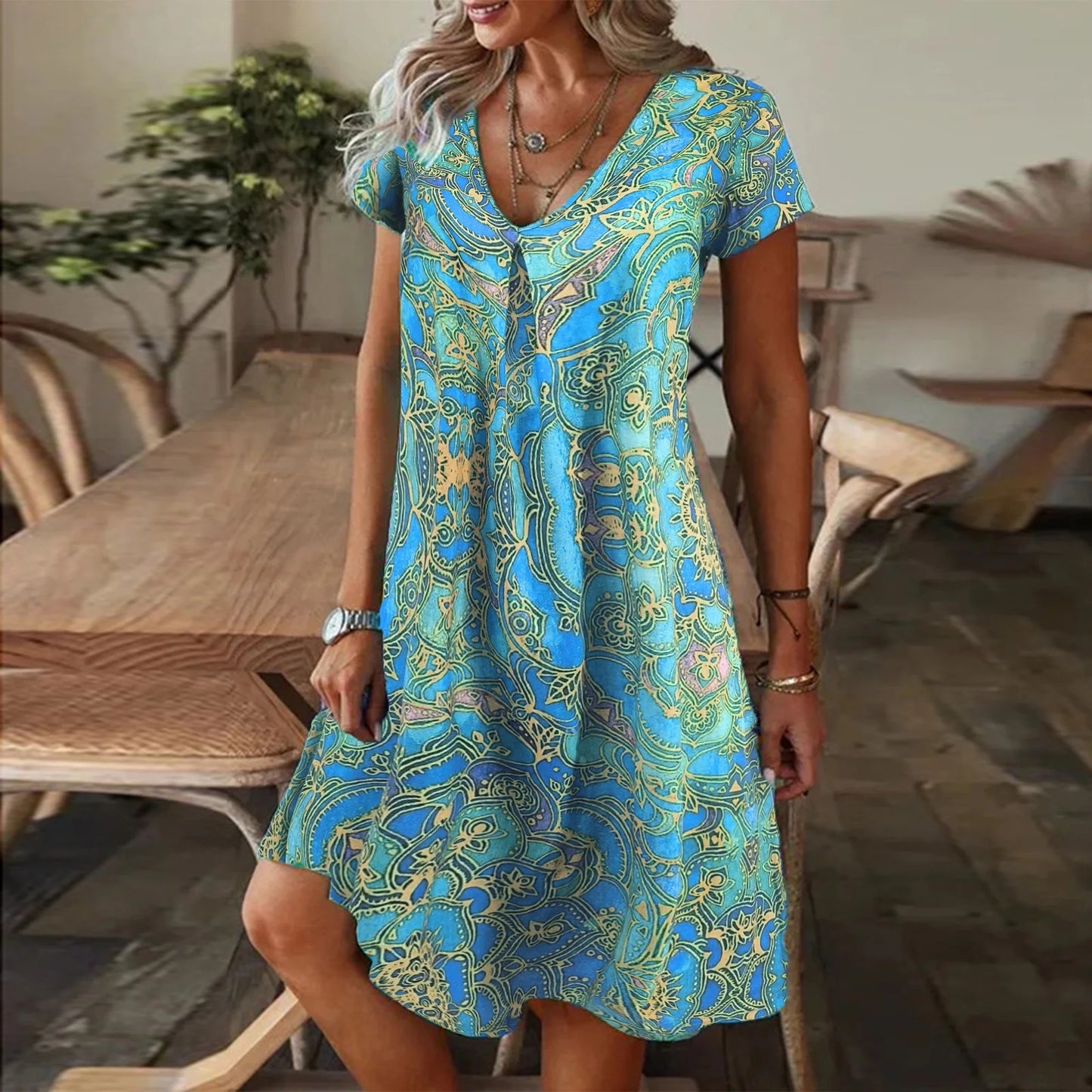 Leisure Style V-Neck Loose Digital Printed Short Sleeved Long  Knee Dress