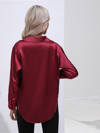 Collared Neck Buttoned Long Sleeve Shirt - -
