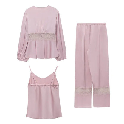 Pink Long 3pcs Pajamas Sleeve Turn Down Collar Spring Vintage Pajamas