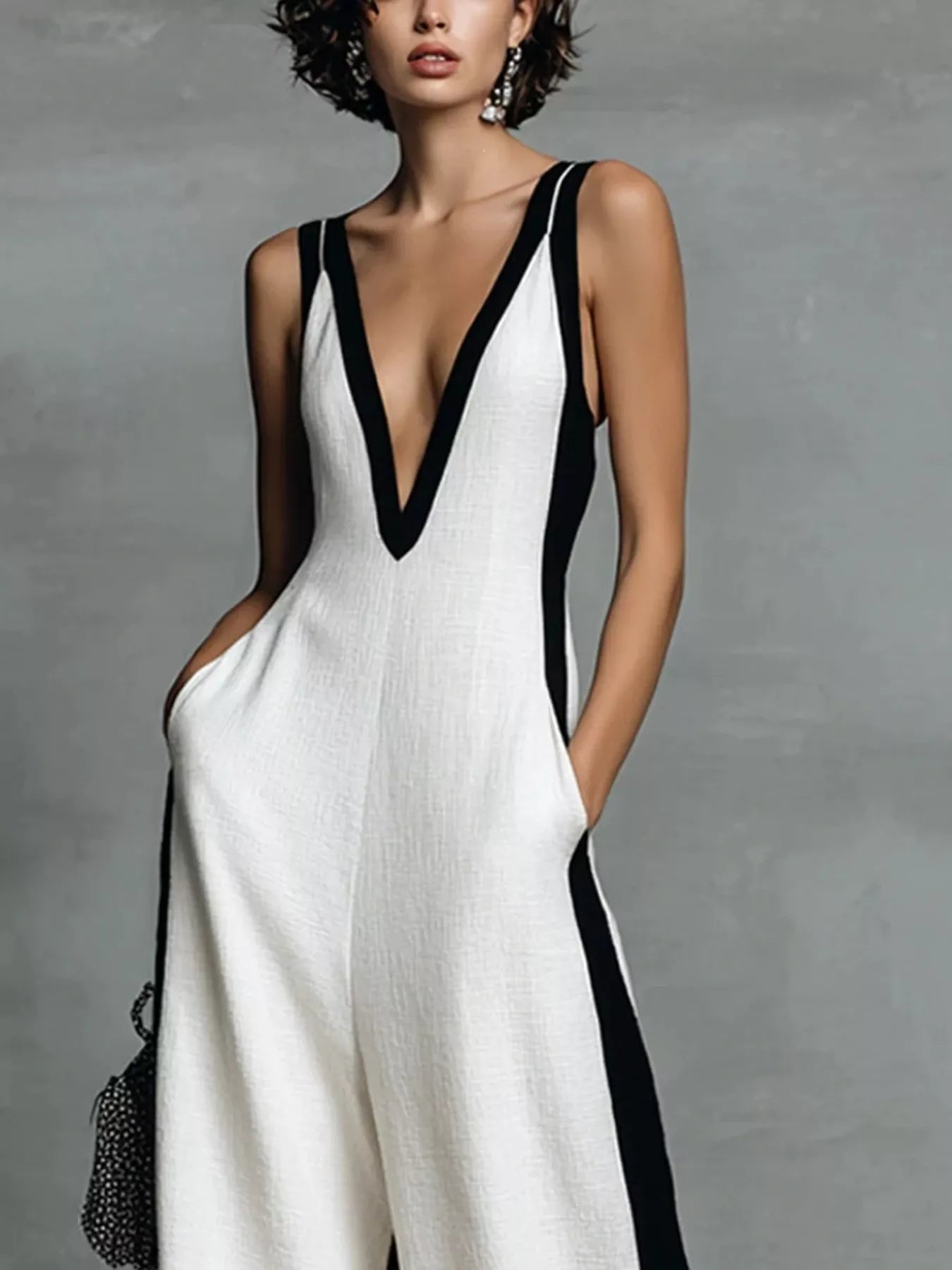 Deep V-Neck Wide-Leg Jumpsuit - -