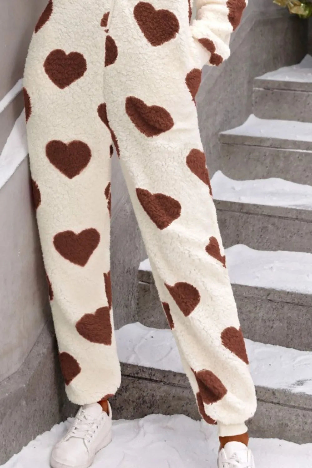 Fuzzy Heart Zip Up Hooded Lounge Jumpsuit - -