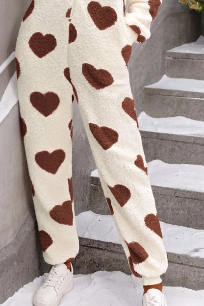 Fuzzy Heart Zip Up Hooded Lounge Jumpsuit - -