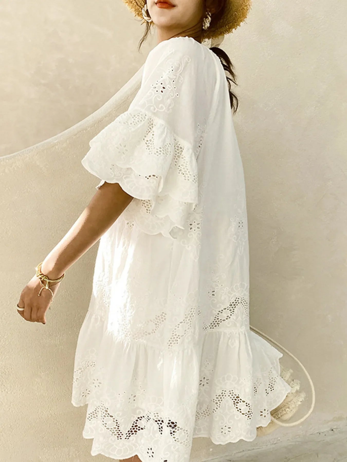 Eyelet Embroidered Tassel Tie Neck Dress - -