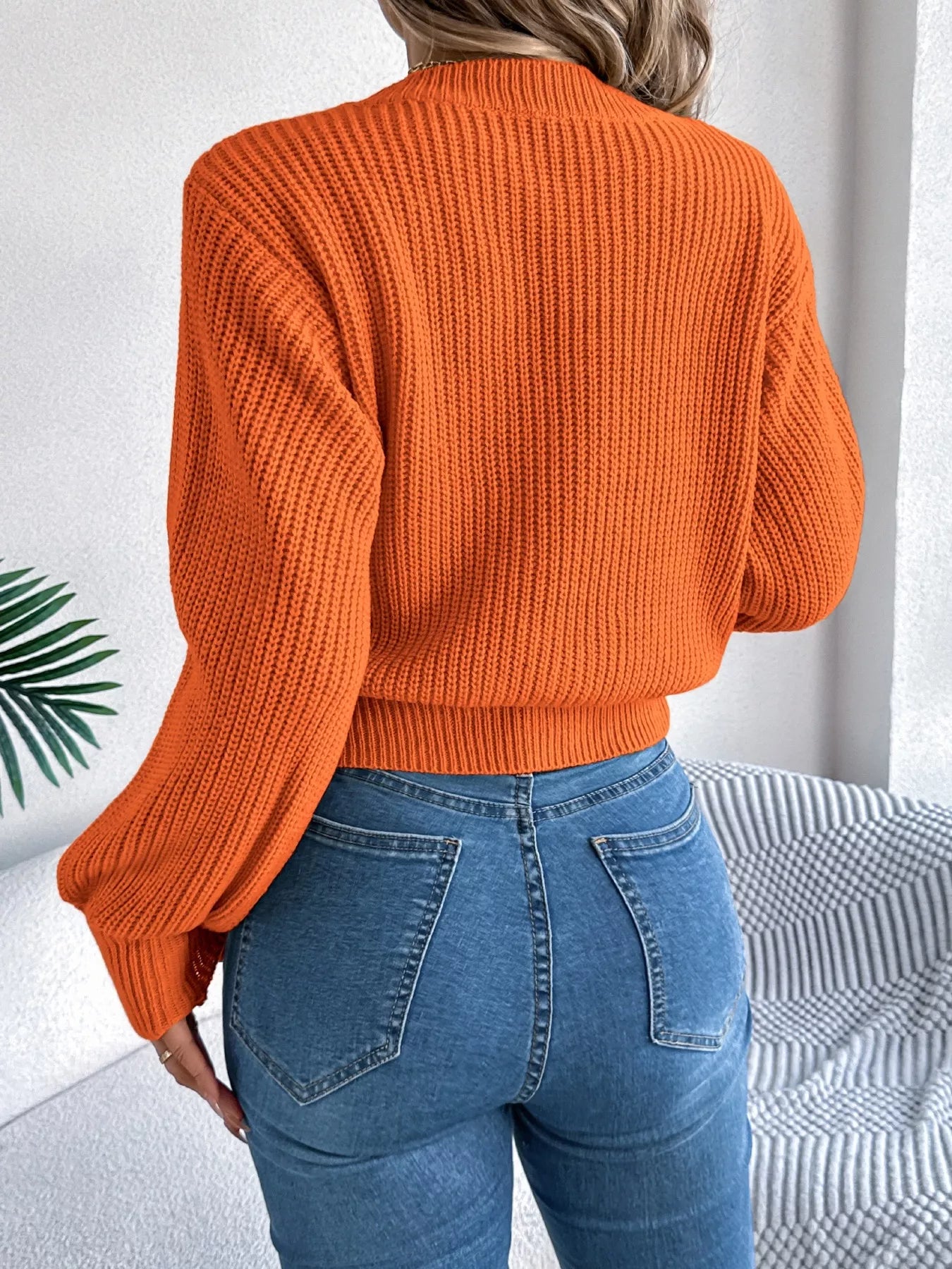 Cable Knit Diamond Pattern Long Sleeve Sweater - -