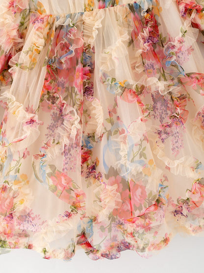 Pastel Flower Ruffle Layered Girls Dress - - Dress