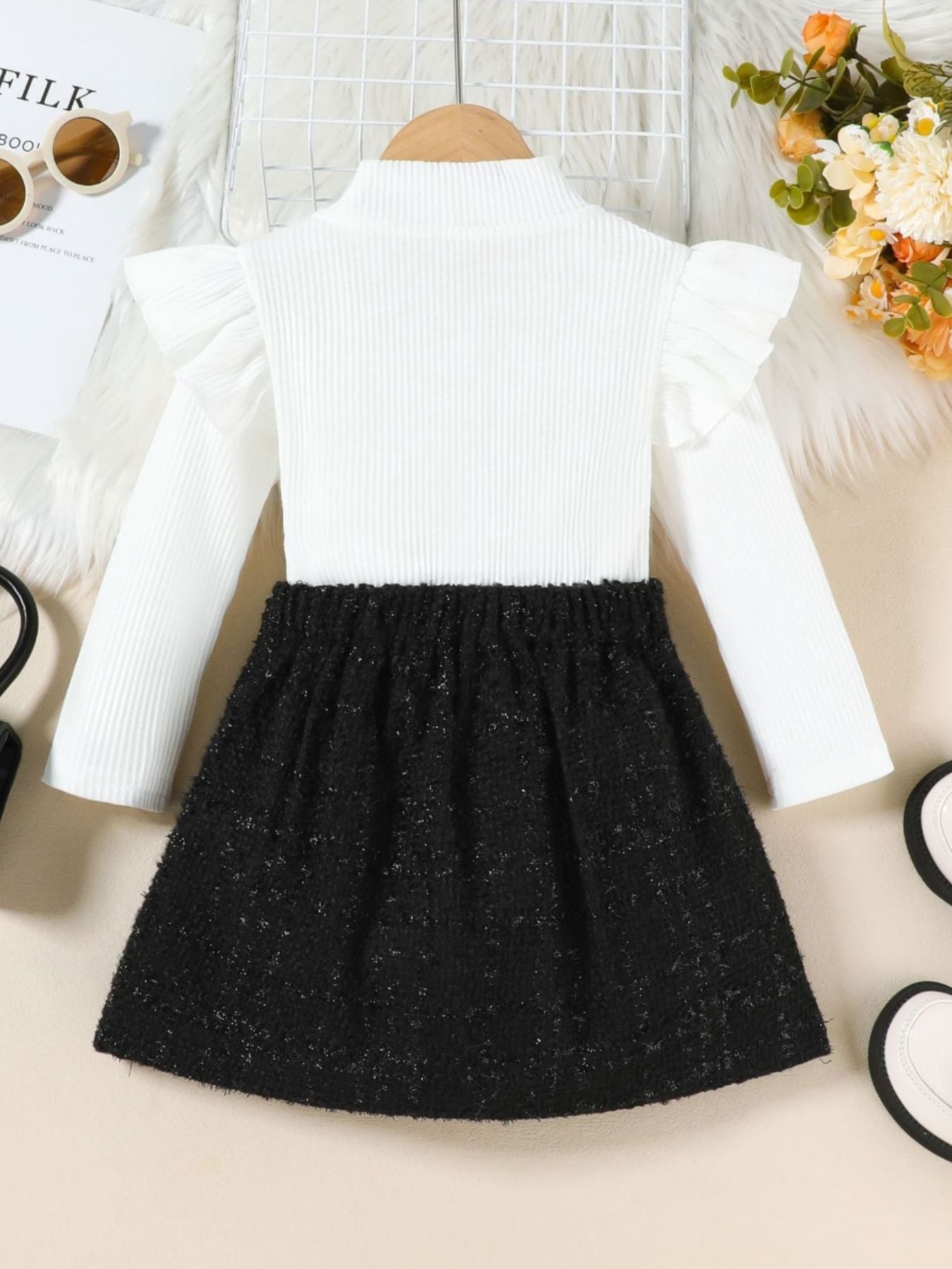 Children's Ruffle Sleeve Top & Tweed Skirt Set - -