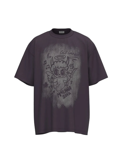 Men's Cartoon Character Graphic Oversized T-Shirt - Purple - T-Shirt