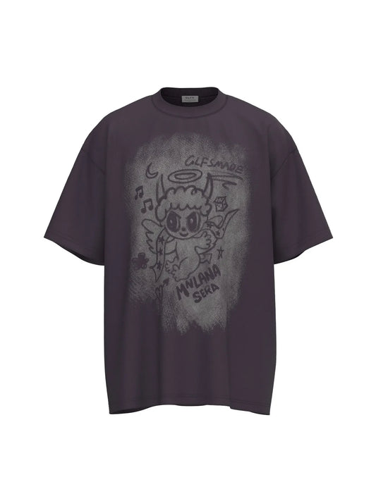 Men's Cartoon Character Graphic Oversized T-Shirt - Purple -