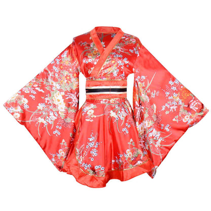 Womens Red Kimono Yukata - Traditional Japanese Dress with Obi Belt - Red - kimono