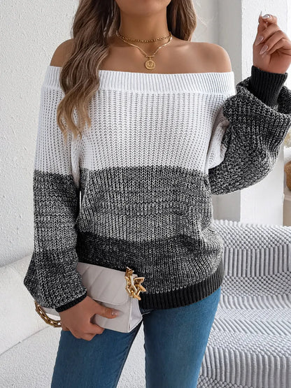 Color Block Off-Shoulder Long Sleeve Sweater - -