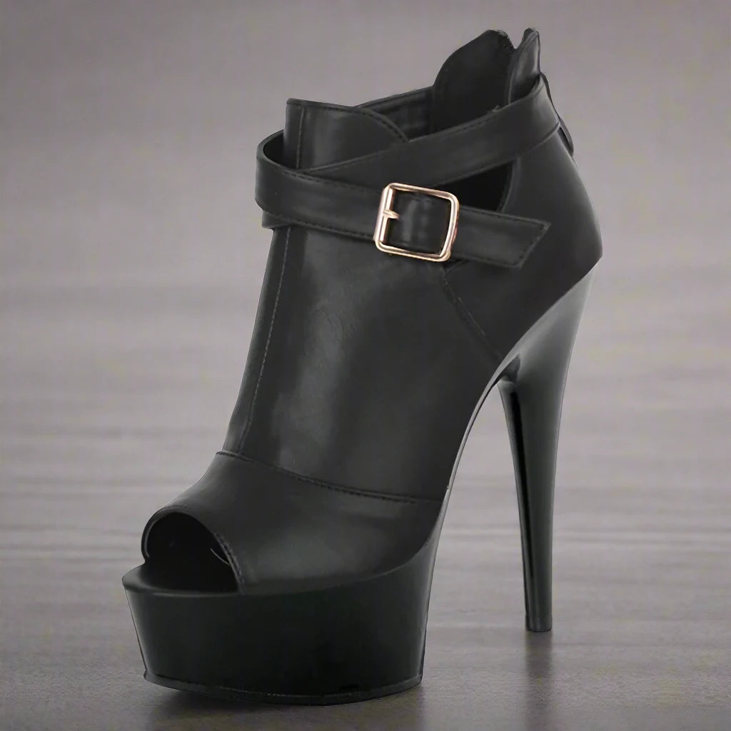 Black 15 Cm Ultra High Heel Platform Metal Buckle Boots High Heels