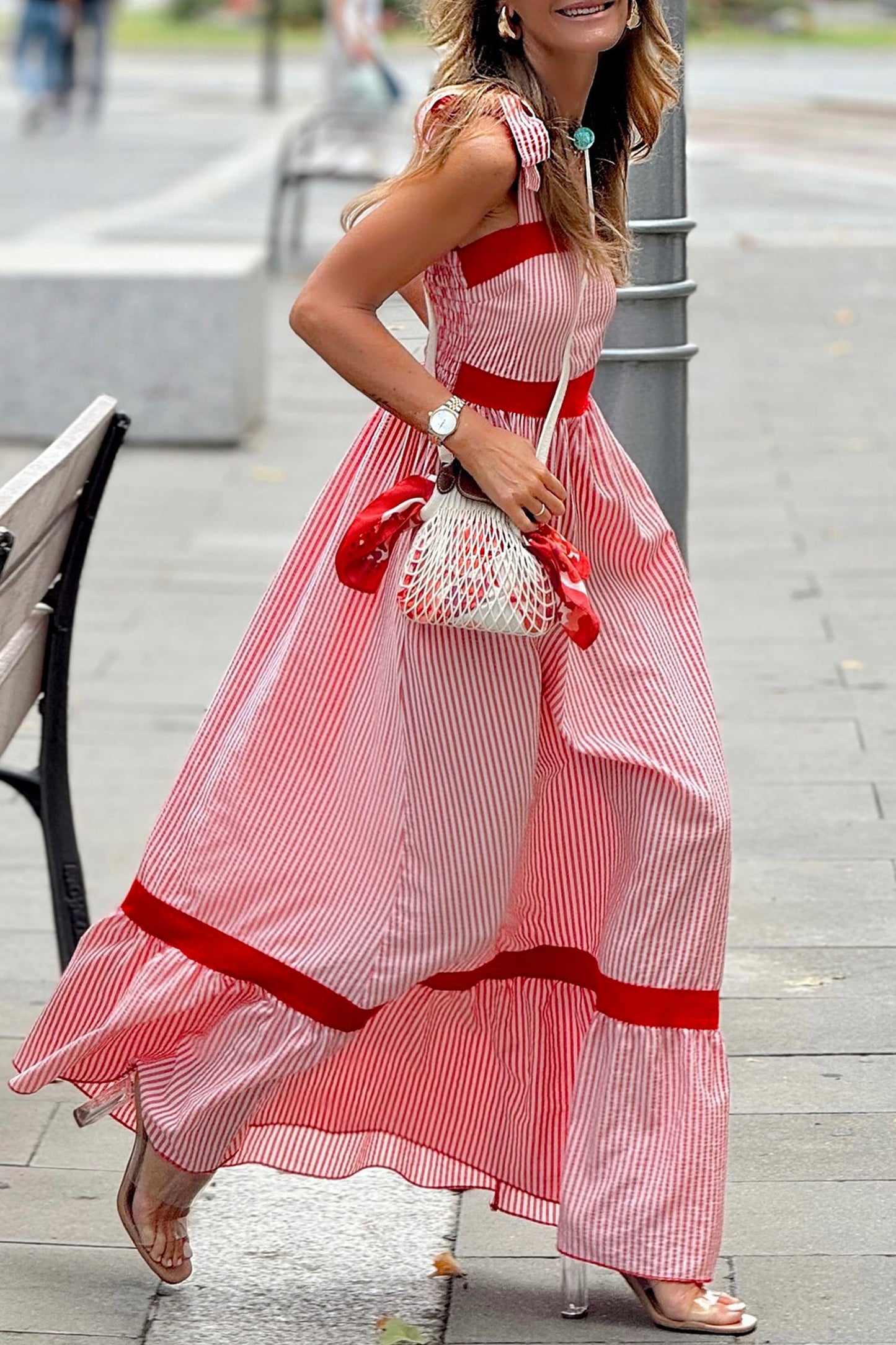 Red Stripe Bow Knot Straps Contrast Trim High Waist Ruffle Hem Maxi Dress- I am a Fashion Junky- {{Product type}}