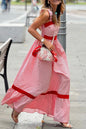 Red Stripe Bow Knot Straps Contrast Trim High Waist Ruffle Hem Maxi Dress- I am a Fashion Junky- {{Product type}}